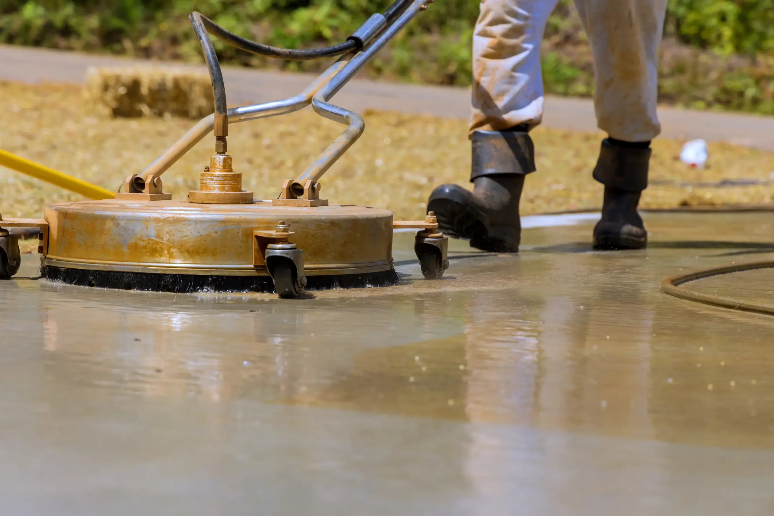 Worker using professional equipment to clean and restore concrete surfaces, showcasing a polished and refreshed finish.