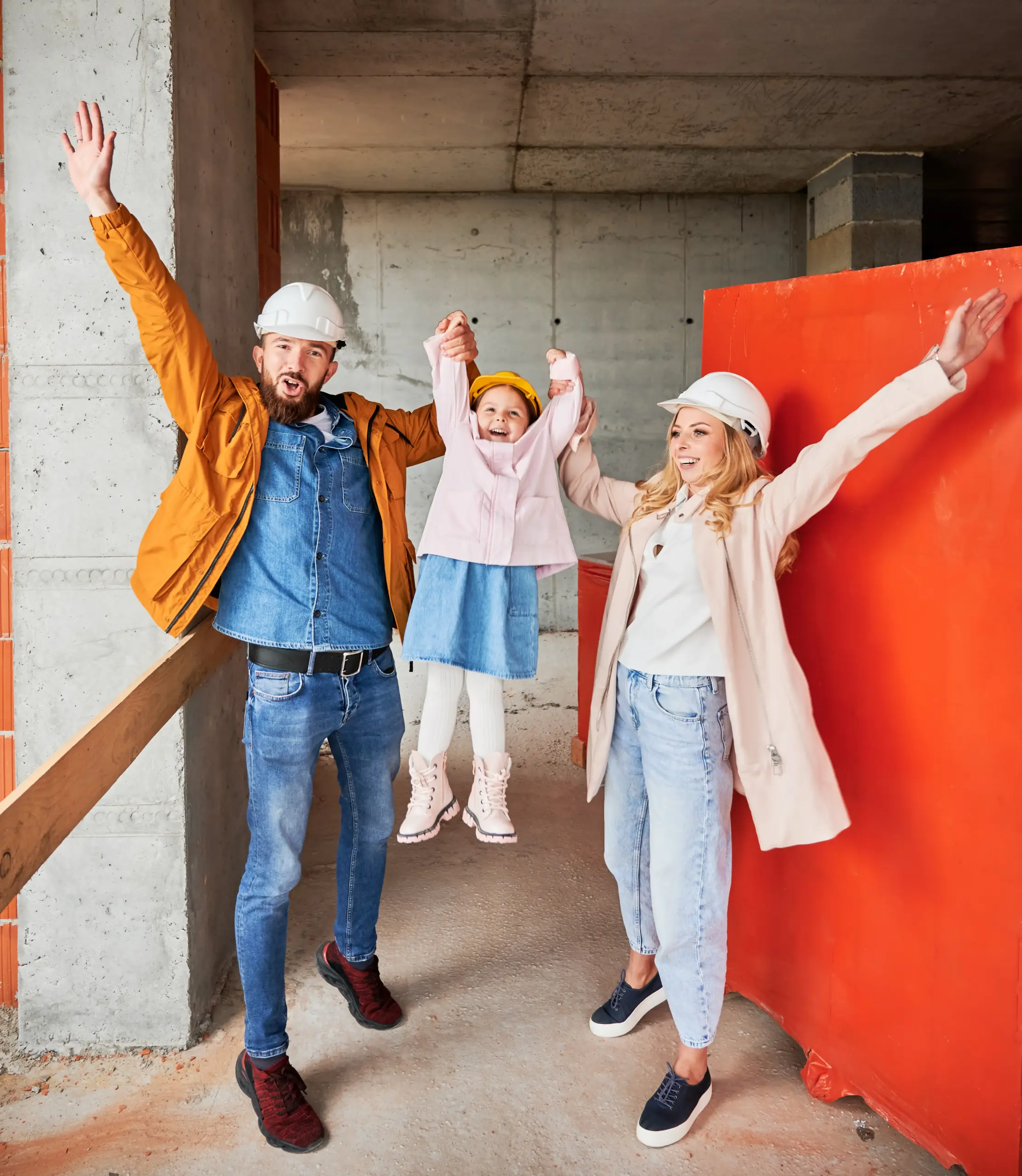 family celebrating the progess on their concrete basement